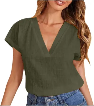 Women's Cotton Linen V Neck Boxy Top Casual Plain Blouses Short Sleeve T Shirt Loose Fit Tunic Summer Tops Basic Tee