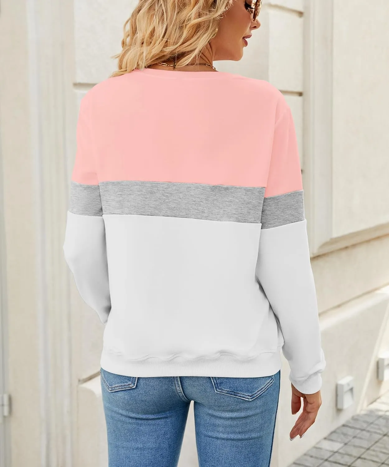 Womens Crew Neck Sweatshirt Colorblock Pullover Tops Casual Splicing Long Sleeve Lightweight Blouse Tee