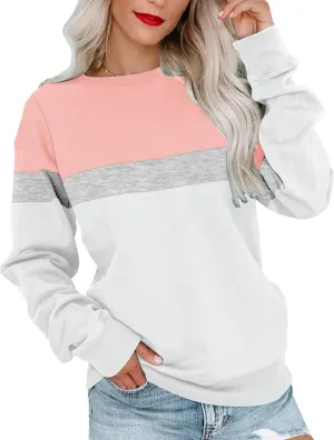 Womens Crew Neck Sweatshirt Colorblock Pullover Tops Casual Splicing Long Sleeve Lightweight Blouse Tee