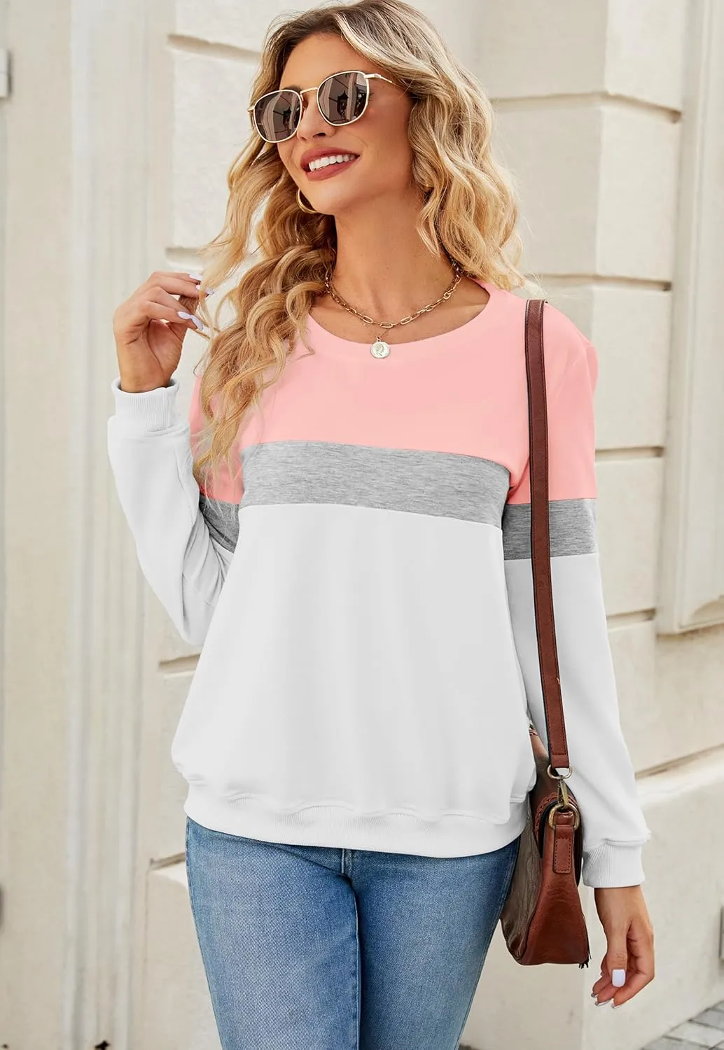 Womens Crew Neck Sweatshirt Colorblock Pullover Tops Casual Splicing Long Sleeve Lightweight Blouse Tee