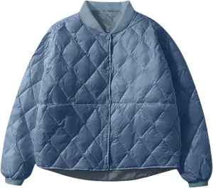 Women's Diamond Quilted Bomber Jacket Lightweight Button Down Cropped Loose Padded Coat Winter Casual Warm Outerwear