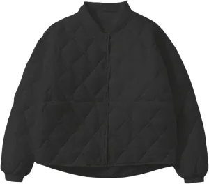 Women's Diamond Quilted Bomber Jacket Lightweight Button Down Cropped Loose Padded Coat Winter Casual Warm Outerwear