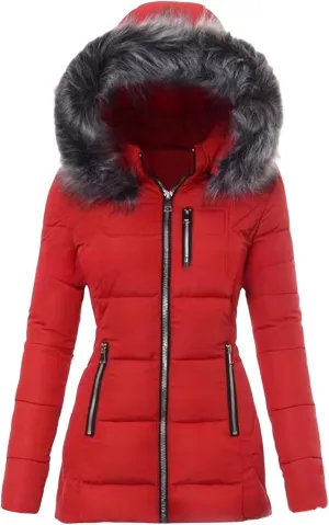 Womens Down Coats Thicken Warm Puffer Jacket Casual Trendy Long Sleeve Heavyweight Jackets with Faux Fur Hood