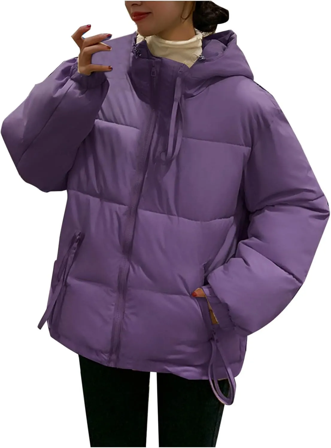 Women's Down Jackets Full Zip Up Baggy Puffer Coat Long Sleeve Winter Warm Coats Hooded Solid Color Parka Jacket