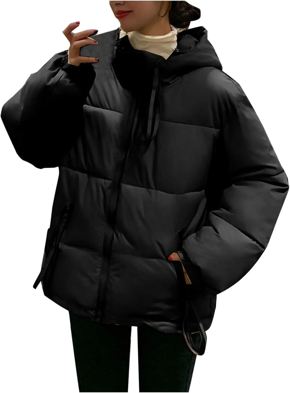 Women's Down Jackets Full Zip Up Baggy Puffer Coat Long Sleeve Winter Warm Coats Hooded Solid Color Parka Jacket