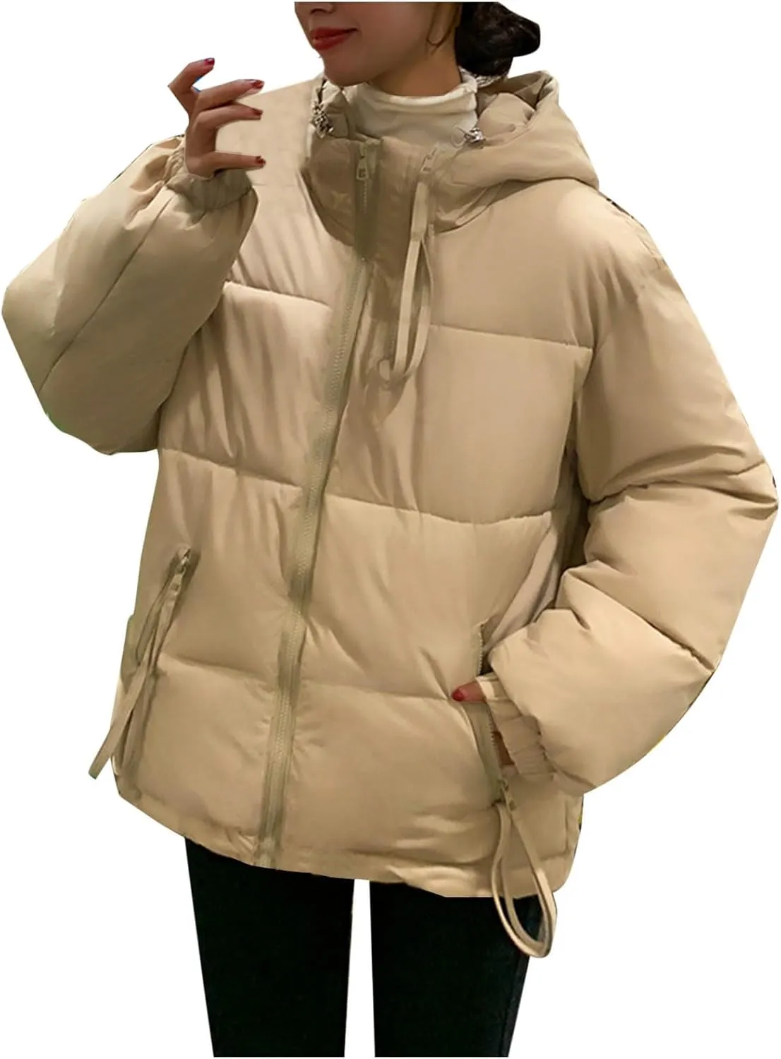 Women's Down Jackets Full Zip Up Baggy Puffer Coat Long Sleeve Winter Warm Coats Hooded Solid Color Parka Jacket