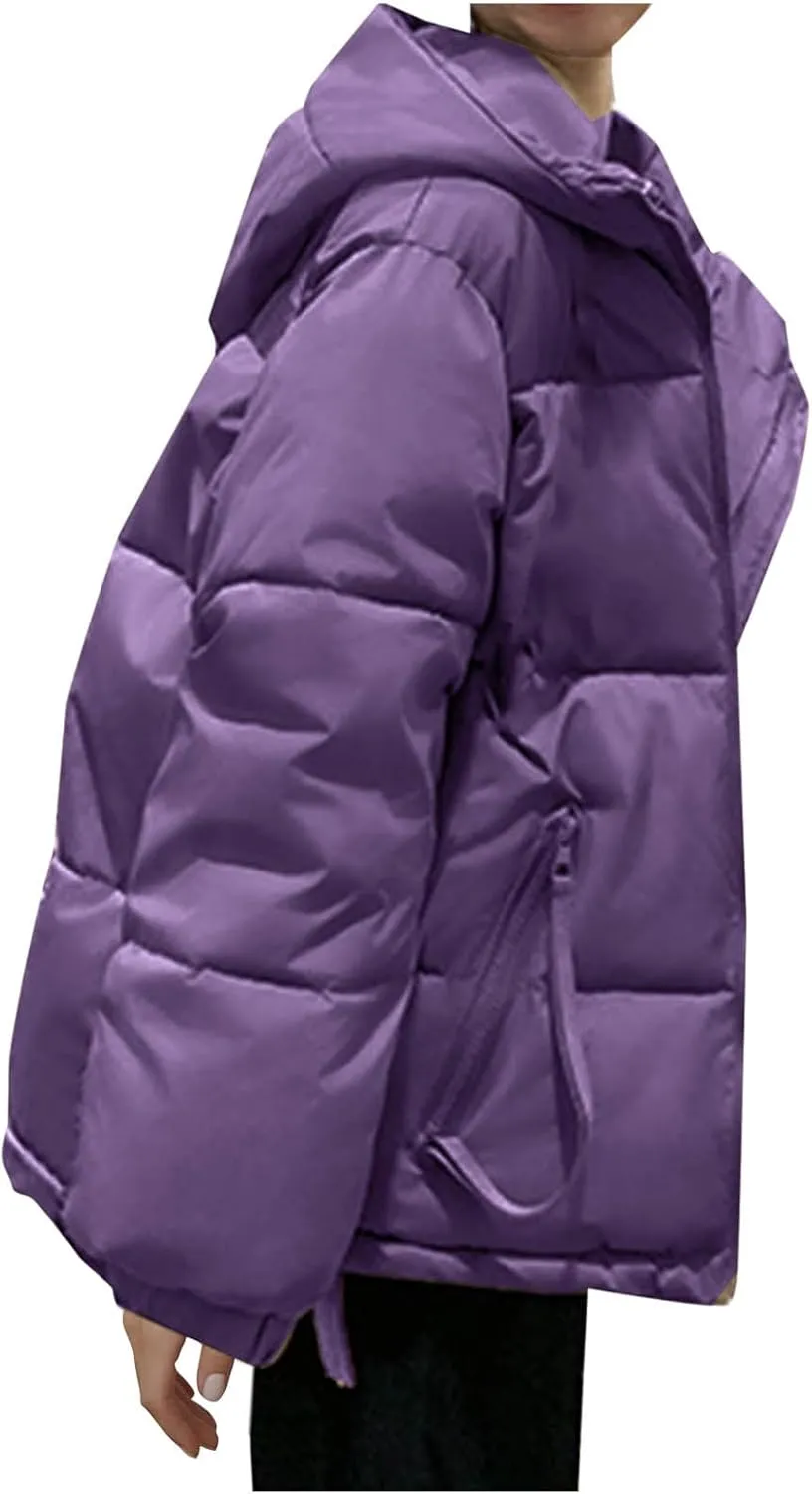 Women's Down Jackets Full Zip Up Baggy Puffer Coat Long Sleeve Winter Warm Coats Hooded Solid Color Parka Jacket