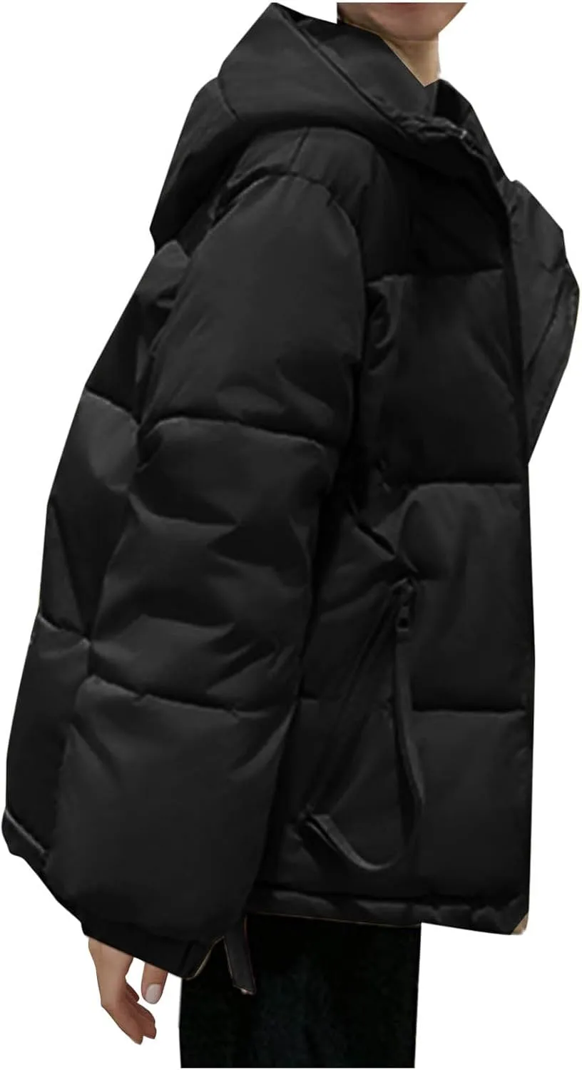 Women's Down Jackets Full Zip Up Baggy Puffer Coat Long Sleeve Winter Warm Coats Hooded Solid Color Parka Jacket