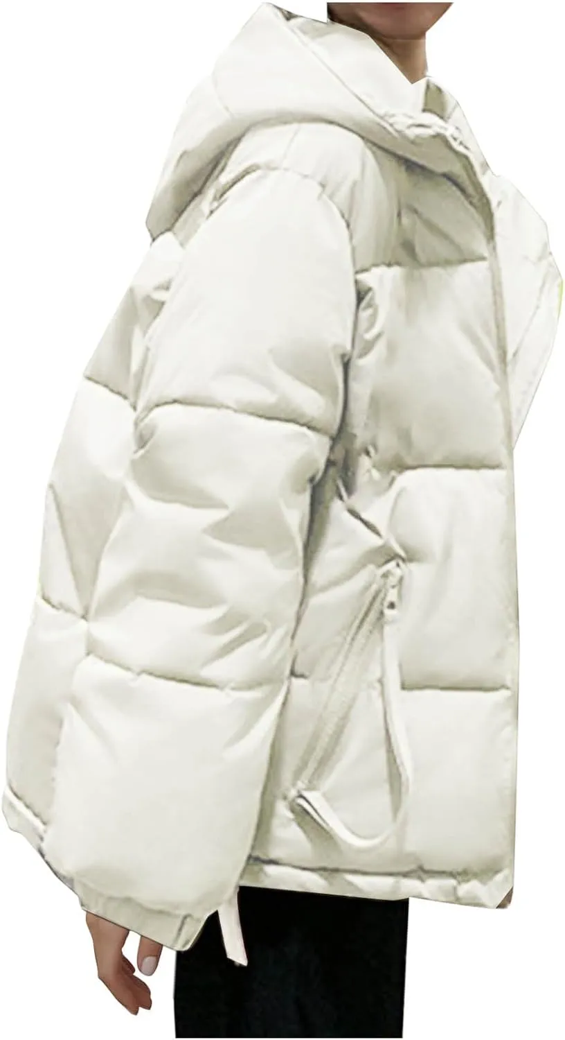 Women's Down Jackets Full Zip Up Baggy Puffer Coat Long Sleeve Winter Warm Coats Hooded Solid Color Parka Jacket