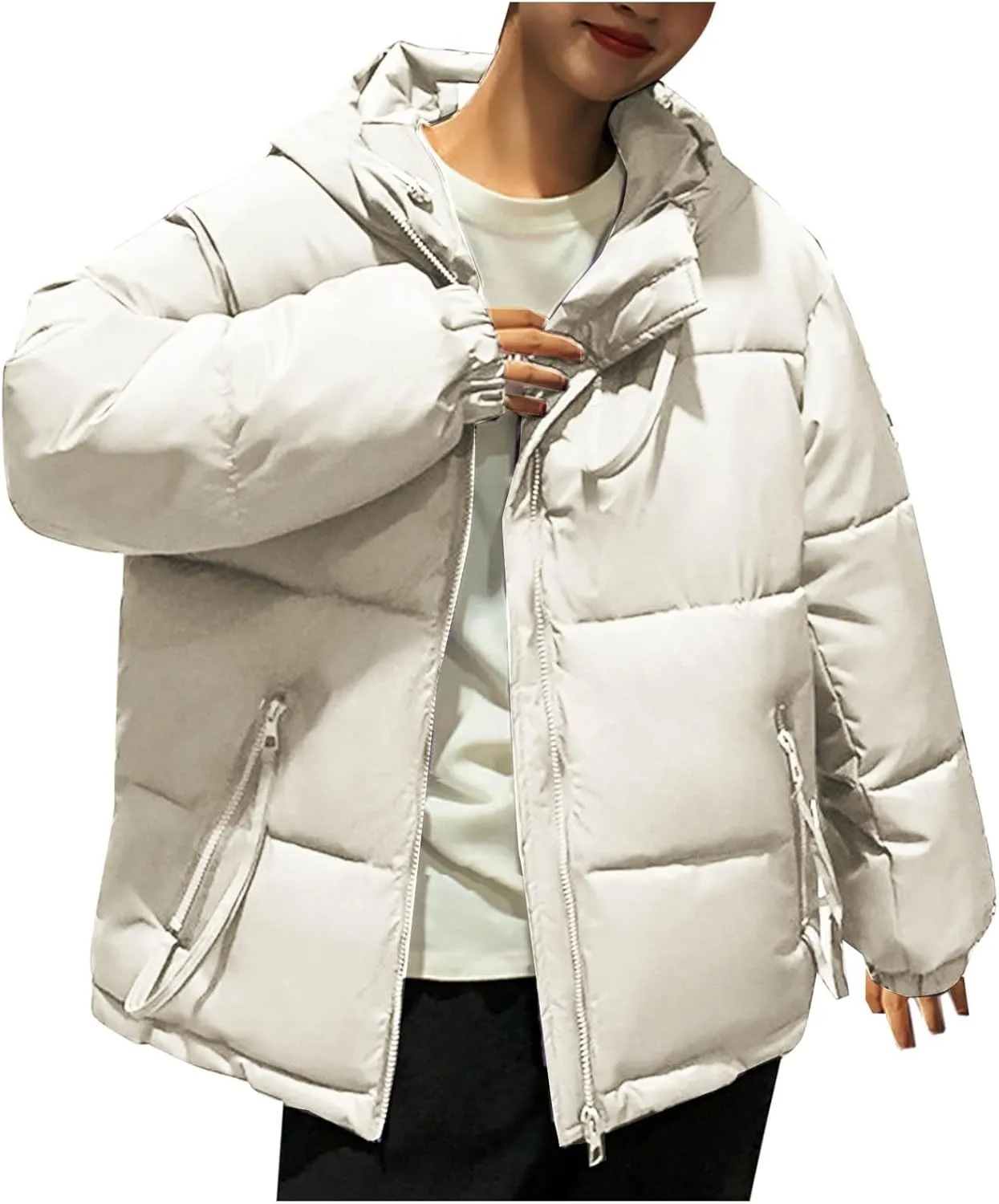 Women's Down Jackets Full Zip Up Baggy Puffer Coat Long Sleeve Winter Warm Coats Hooded Solid Color Parka Jacket