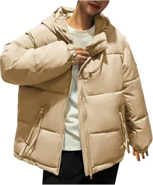 Women's Down Jackets Full Zip Up Baggy Puffer Coat Long Sleeve Winter Warm Coats Hooded Solid Color Parka Jacket