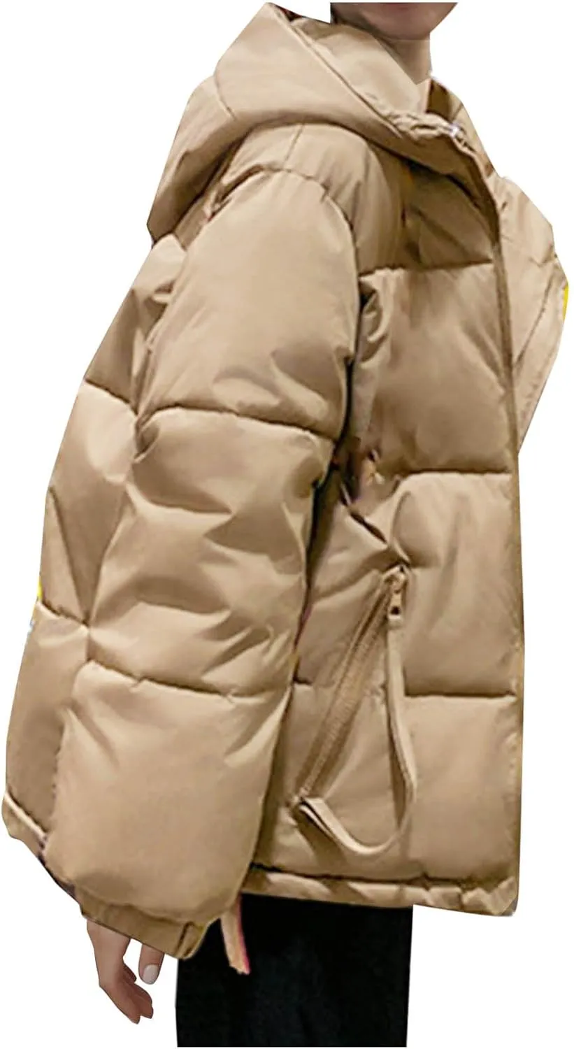 Women's Down Jackets Full Zip Up Baggy Puffer Coat Long Sleeve Winter Warm Coats Hooded Solid Color Parka Jacket