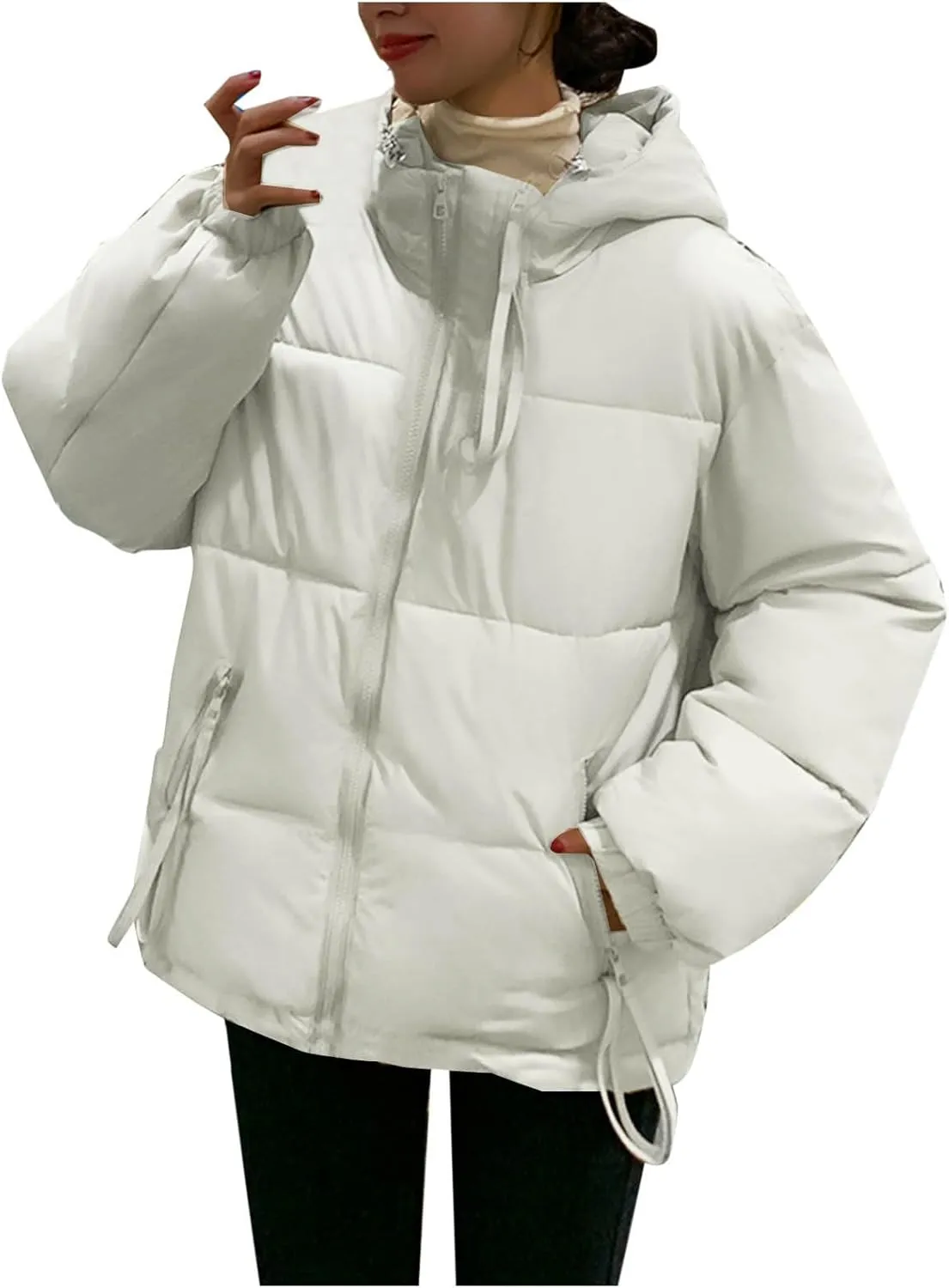 Women's Down Jackets Full Zip Up Baggy Puffer Coat Long Sleeve Winter Warm Coats Hooded Solid Color Parka Jacket