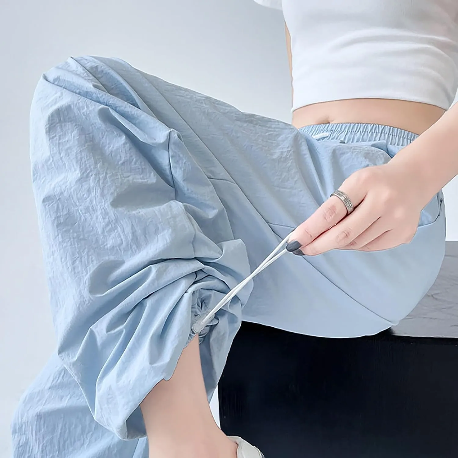 Womens Drawstring Elastic Waist Cargo Pant Solid Loose Straight Casual Wide-Leg Trouser Summer Fall Lightweight Pant