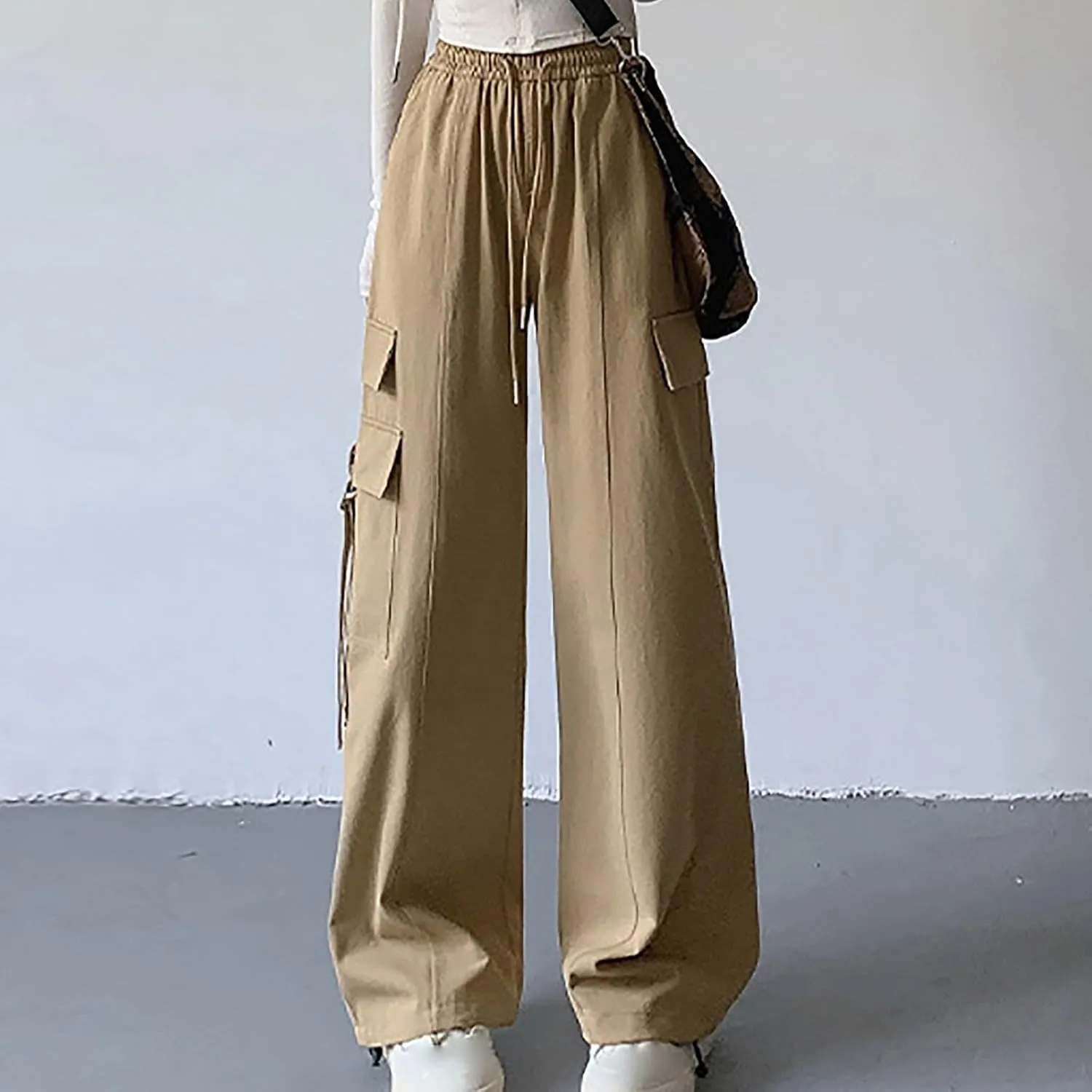 Womens Drawstring Elastic Waist Cargo Pant Solid Loose Straight Casual Wide-Leg Trouser Summer Fall Lightweight Pant