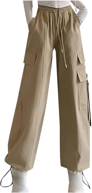 Womens Drawstring Elastic Waist Cargo Pant Solid Loose Straight Casual Wide-Leg Trouser Summer Fall Lightweight Pant