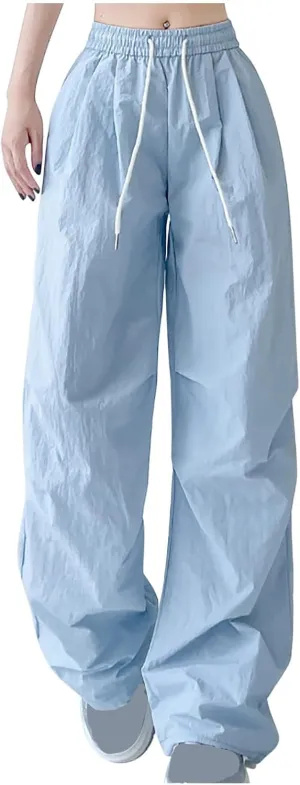 Womens Drawstring Elastic Waist Cargo Pant Solid Loose Straight Casual Wide-Leg Trouser Summer Fall Lightweight Pant