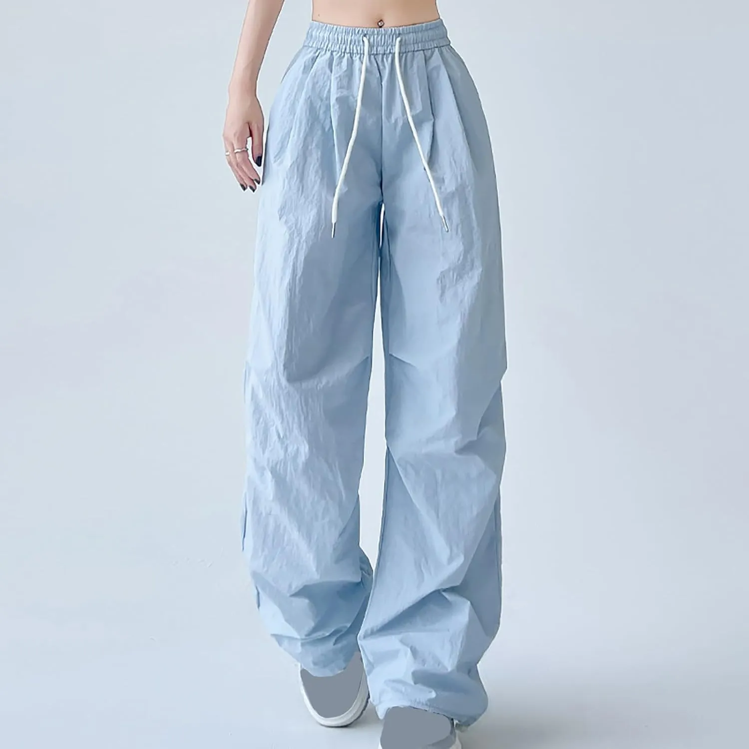 Womens Drawstring Elastic Waist Cargo Pant Solid Loose Straight Casual Wide-Leg Trouser Summer Fall Lightweight Pant