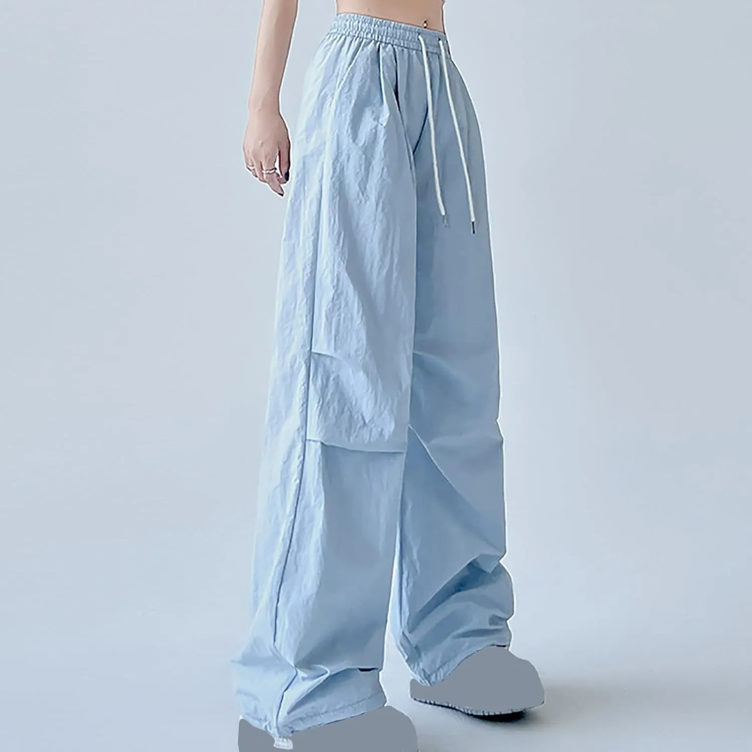 Womens Drawstring Elastic Waist Cargo Pant Solid Loose Straight Casual Wide-Leg Trouser Summer Fall Lightweight Pant