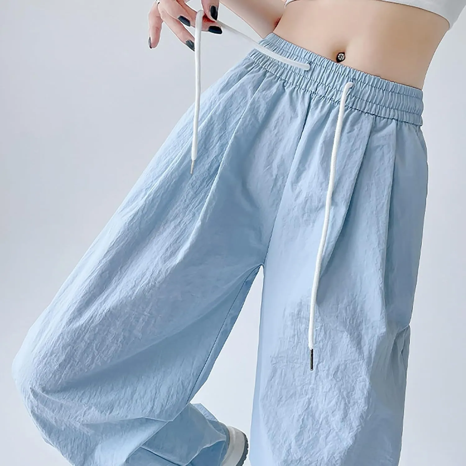Womens Drawstring Elastic Waist Cargo Pant Solid Loose Straight Casual Wide-Leg Trouser Summer Fall Lightweight Pant