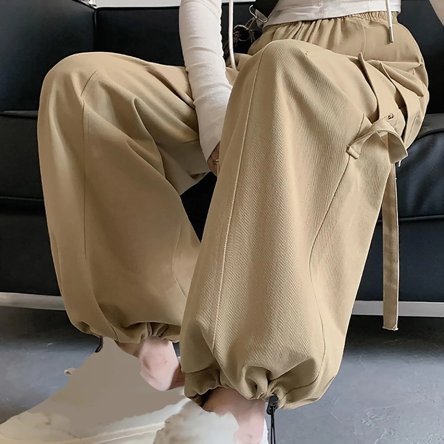 Womens Drawstring Elastic Waist Cargo Pant Solid Loose Straight Casual Wide-Leg Trouser Summer Fall Lightweight Pant