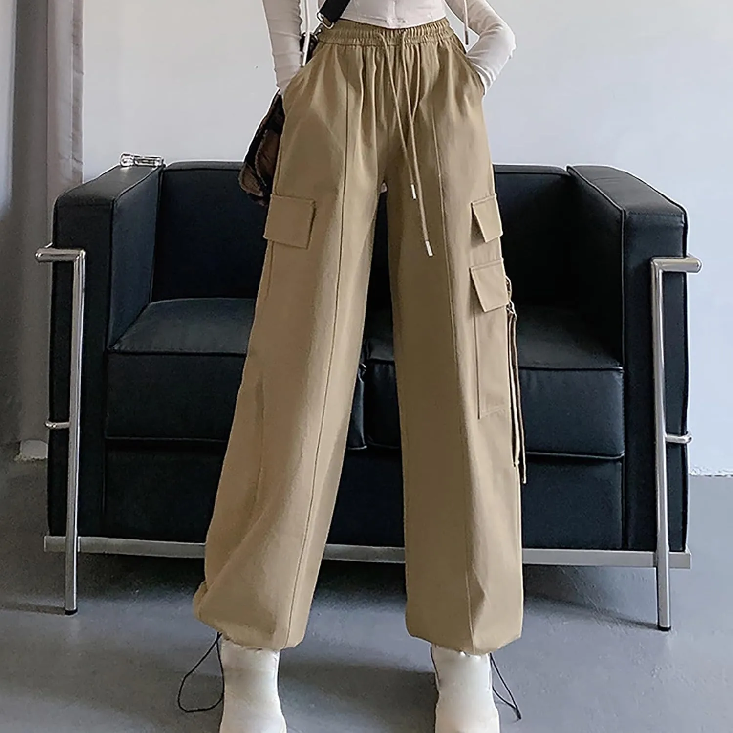 Womens Drawstring Elastic Waist Cargo Pant Solid Loose Straight Casual Wide-Leg Trouser Summer Fall Lightweight Pant