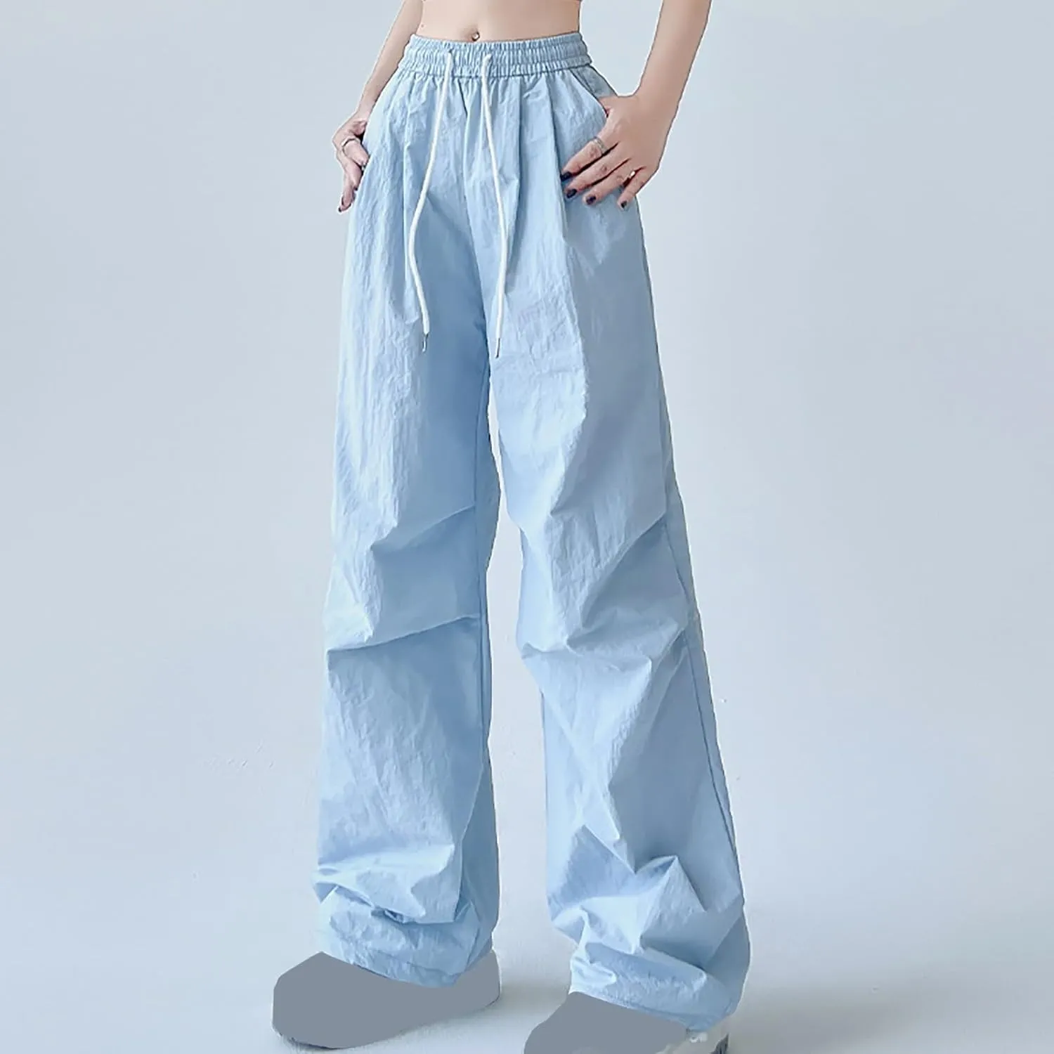 Womens Drawstring Elastic Waist Cargo Pant Solid Loose Straight Casual Wide-Leg Trouser Summer Fall Lightweight Pant