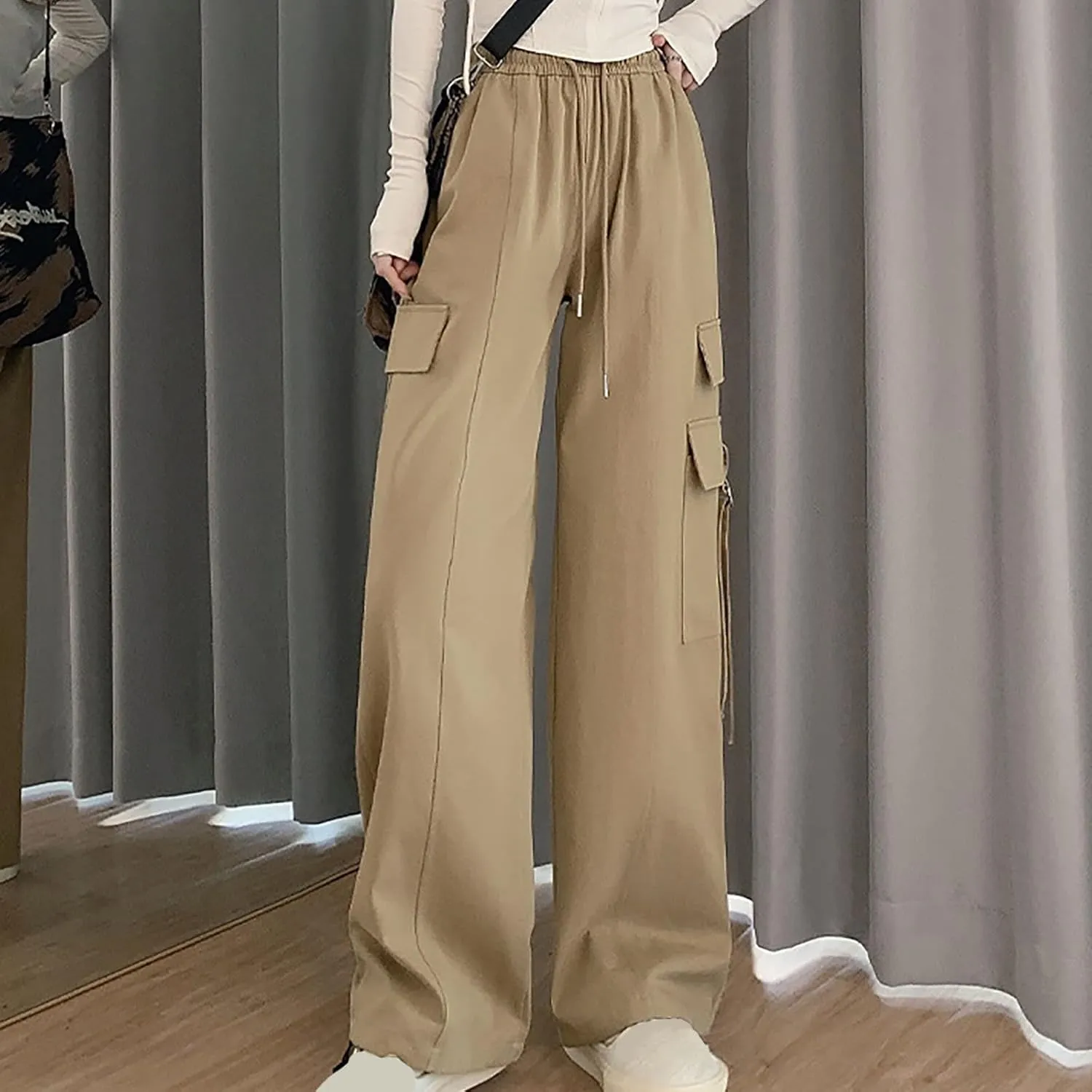 Womens Drawstring Elastic Waist Cargo Pant Solid Loose Straight Casual Wide-Leg Trouser Summer Fall Lightweight Pant