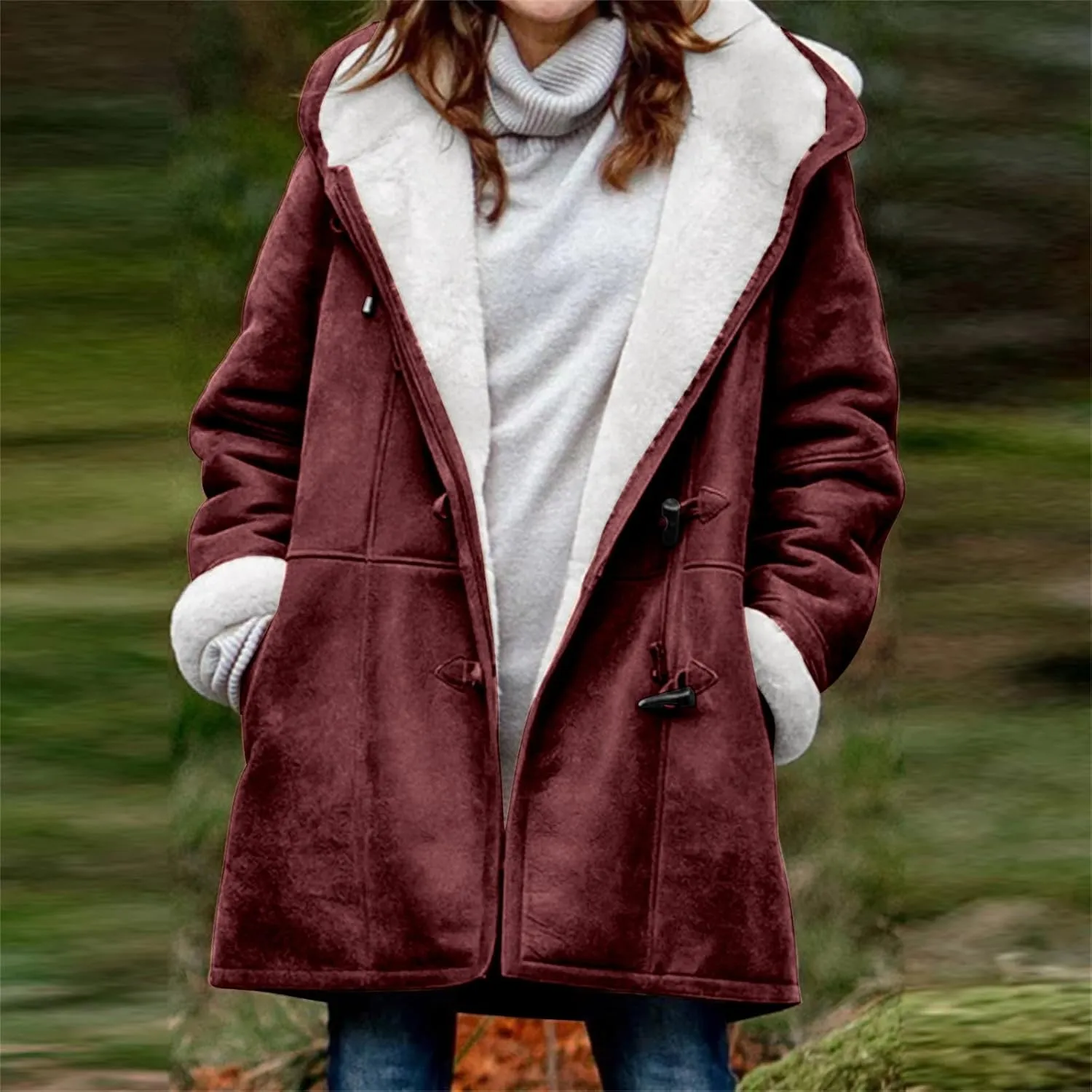 Womens Fleece Lined Parka Jacket Horn Button Winter Coat Thick Long Winter Coats Hooded Fashion Overcoat