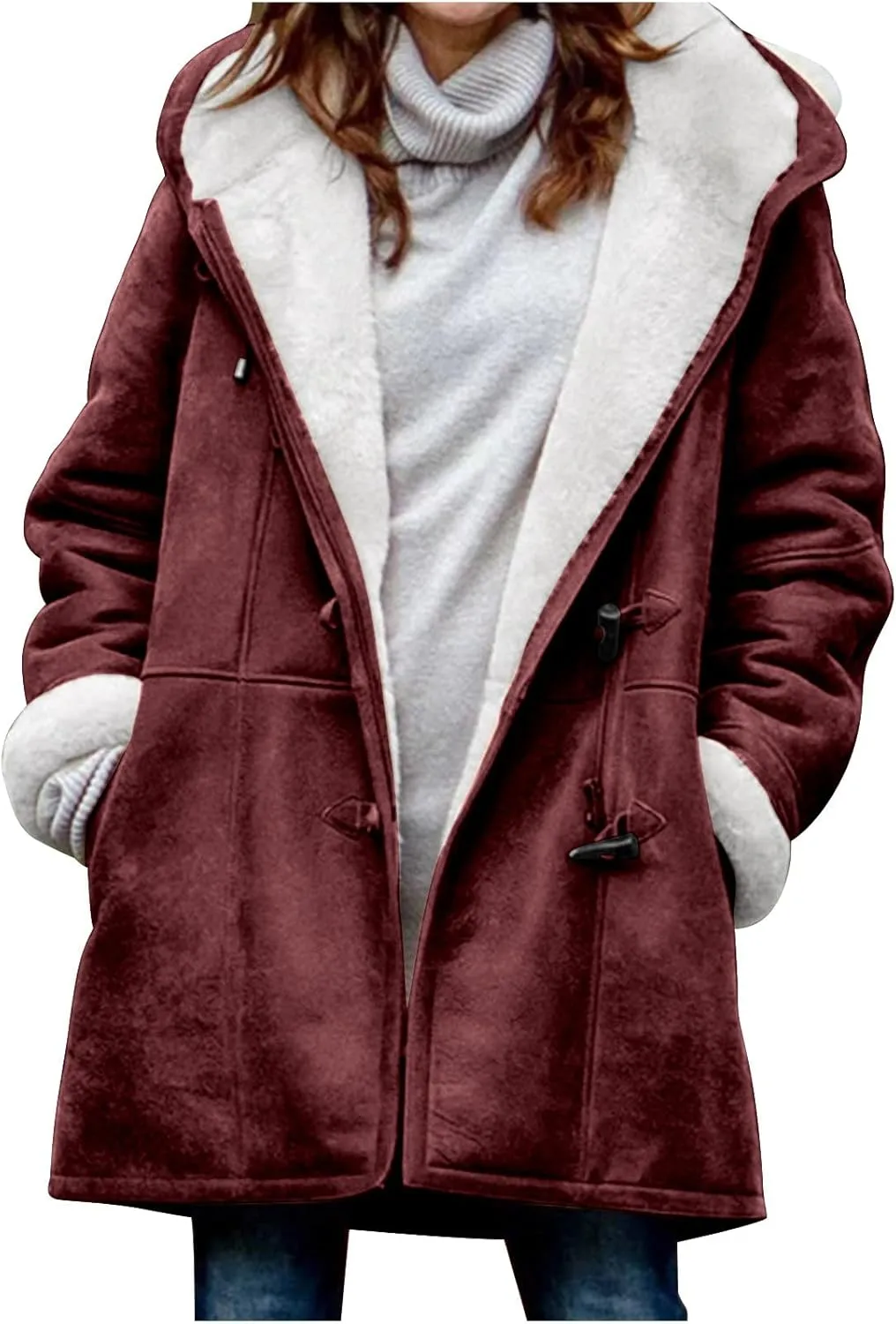 Womens Fleece Lined Parka Jacket Horn Button Winter Coat Thick Long Winter Coats Hooded Fashion Overcoat