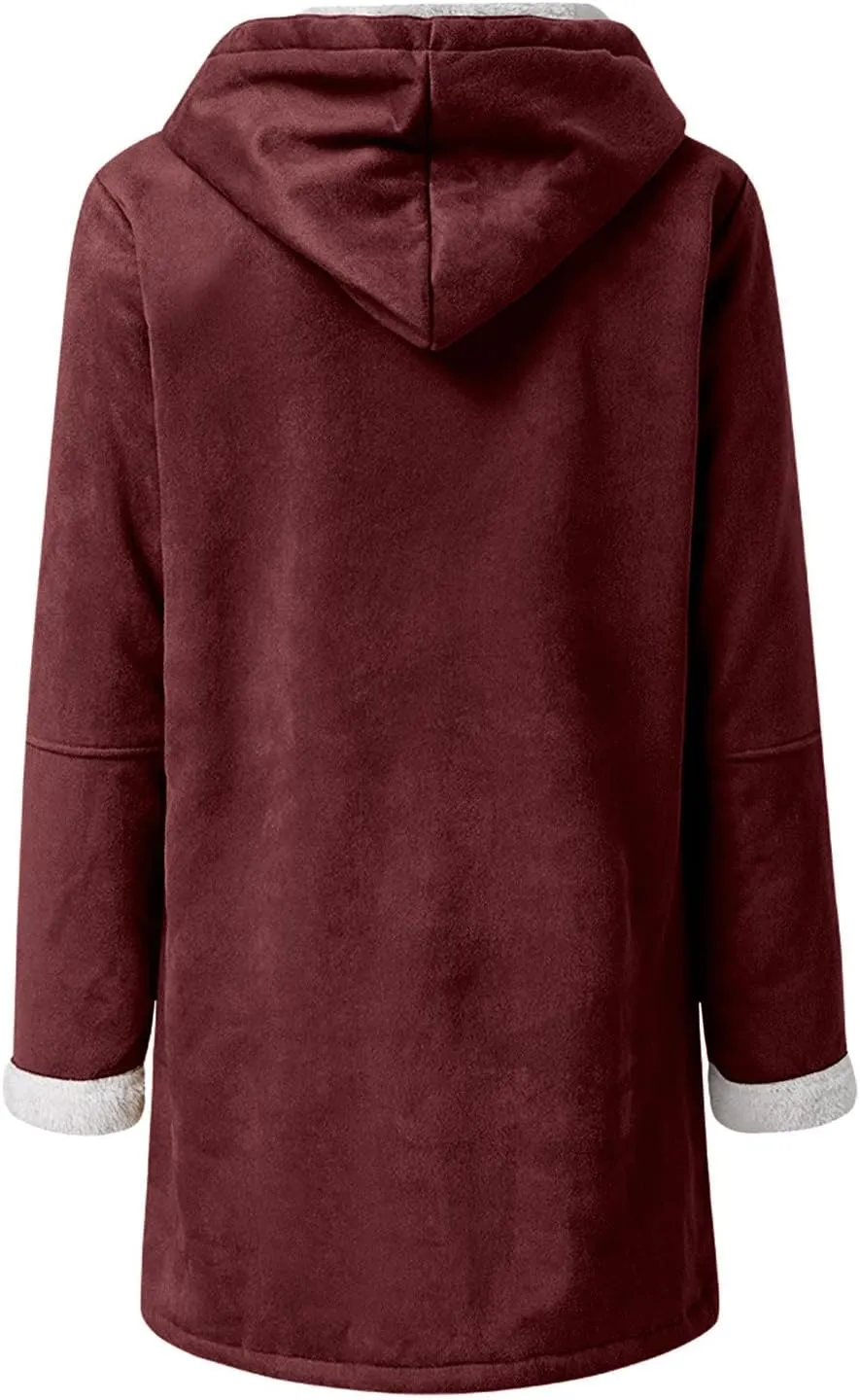 Womens Fleece Lined Parka Jacket Horn Button Winter Coat Thick Long Winter Coats Hooded Fashion Overcoat