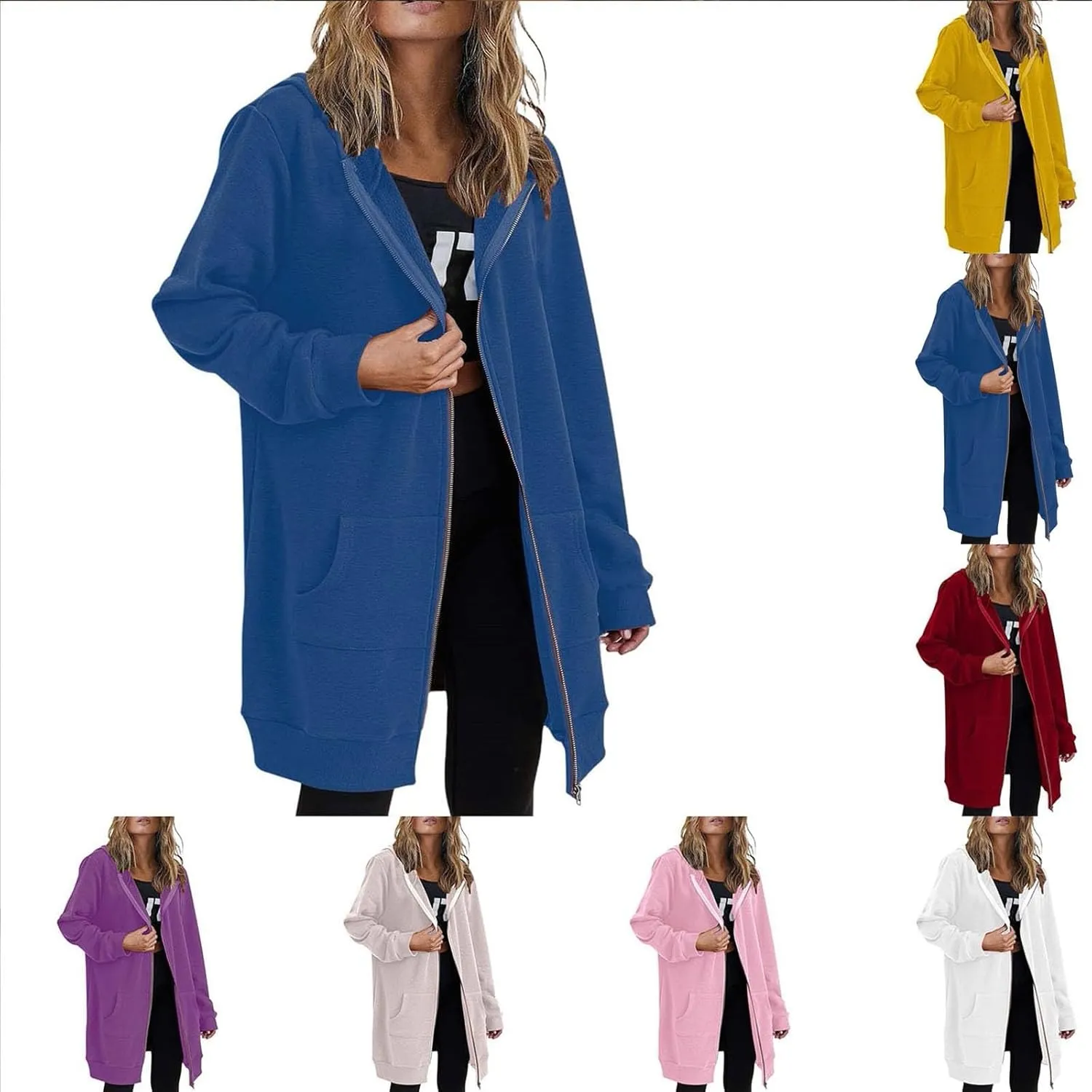 Women's Full Zip Up Long Hoodies Casual Fall Hooded Sweatshirts Slim Fit Long Sleeve Fleece Jacket Coats with Pockets