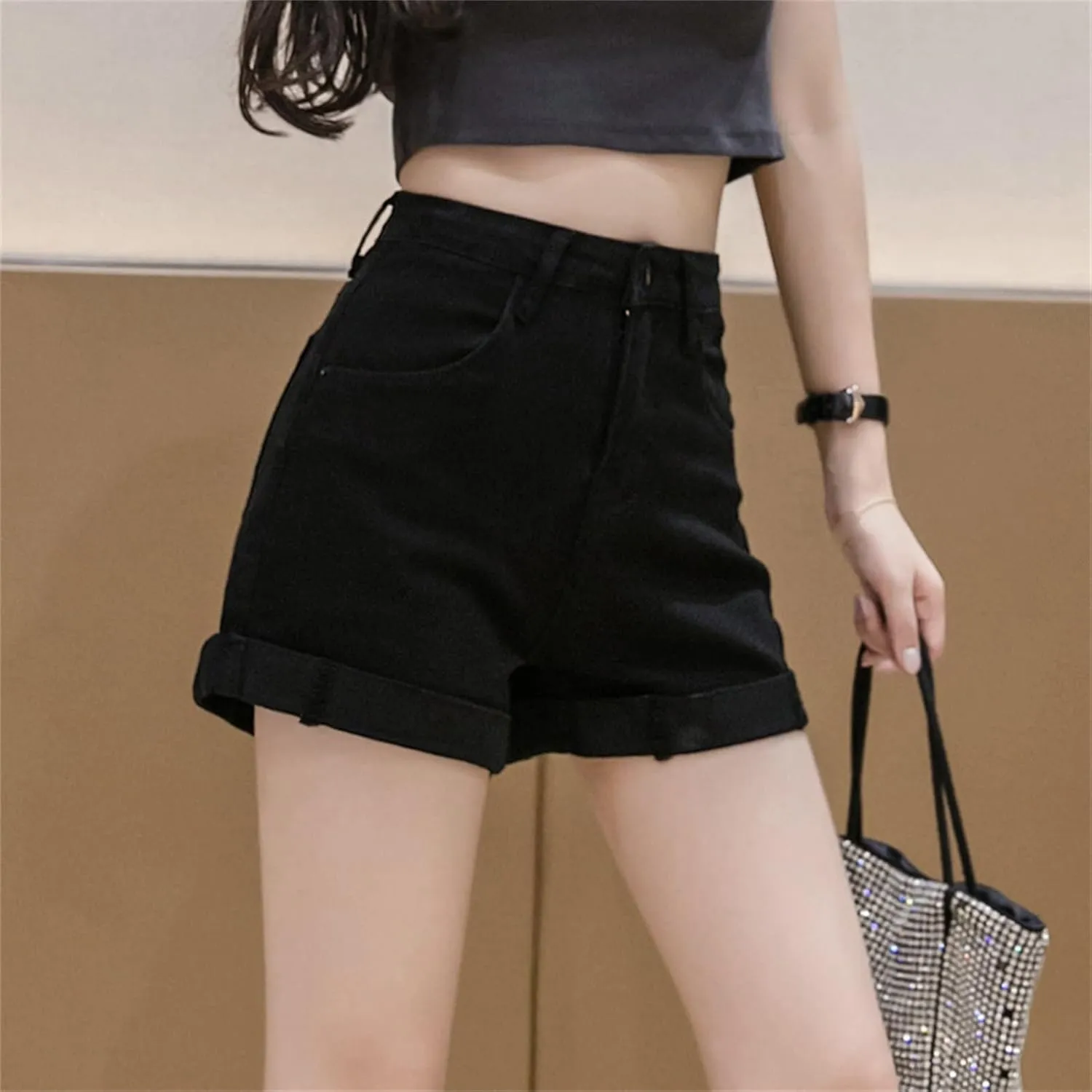 Women's High Waisted Denim Shorts Summer Stretchy Folded Hem Jeans Shorts Elastic Casual Short Jeans