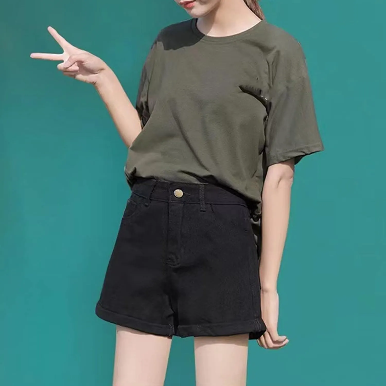 Women's High Waisted Denim Shorts Summer Stretchy Folded Hem Jeans Shorts Elastic Casual Short Jeans