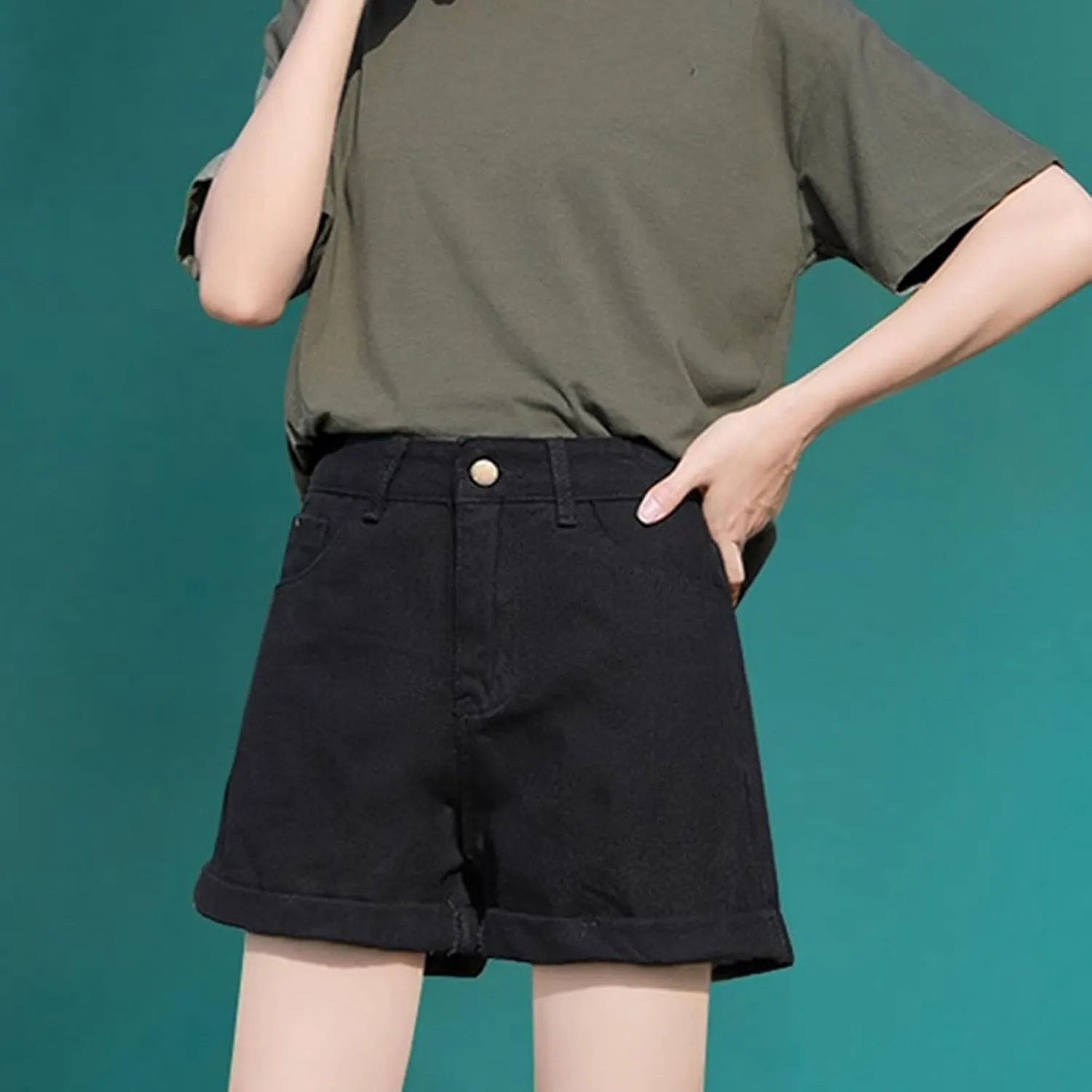 Women's High Waisted Denim Shorts Summer Stretchy Folded Hem Jeans Shorts Elastic Casual Short Jeans