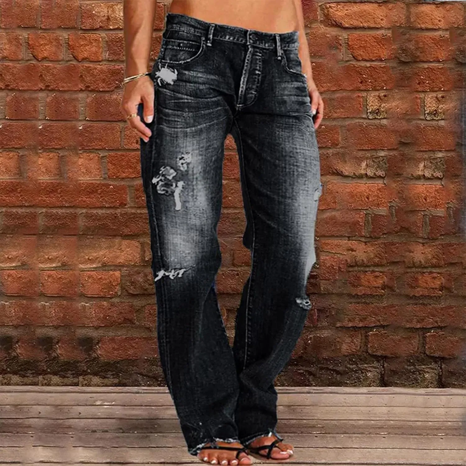 Womens High Waisted Jeans Waisted Trousers Jeans Lace Poket Denim Women's Jeans Straight Leg Loose Stretchy Straight
