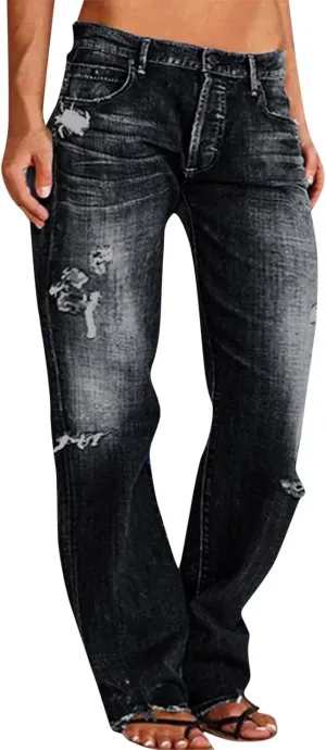 Womens High Waisted Jeans Waisted Trousers Jeans Lace Poket Denim Women's Jeans Straight Leg Loose Stretchy Straight