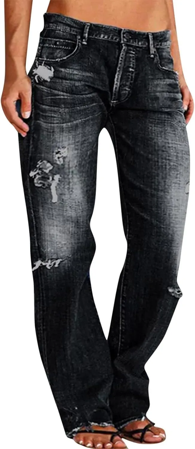 Womens High Waisted Jeans Waisted Trousers Jeans Lace Poket Denim Women's Jeans Straight Leg Loose Stretchy Straight