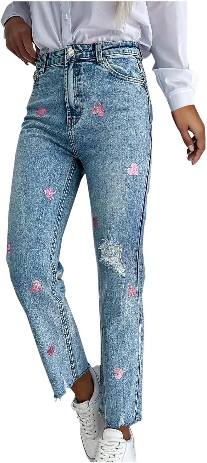 Womens Jeans Stretchy High Waisted Heart Printed Jeans Pant Casual Frayed Hem Baggy Pants Straight Leg Jeans