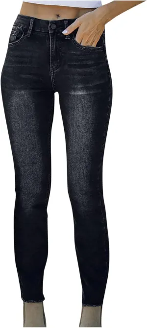 Womens Jeans Stretchy High Waisted Heart Printed Jeans Pant Casual Frayed Hem Baggy Pants Straight Leg Jeans