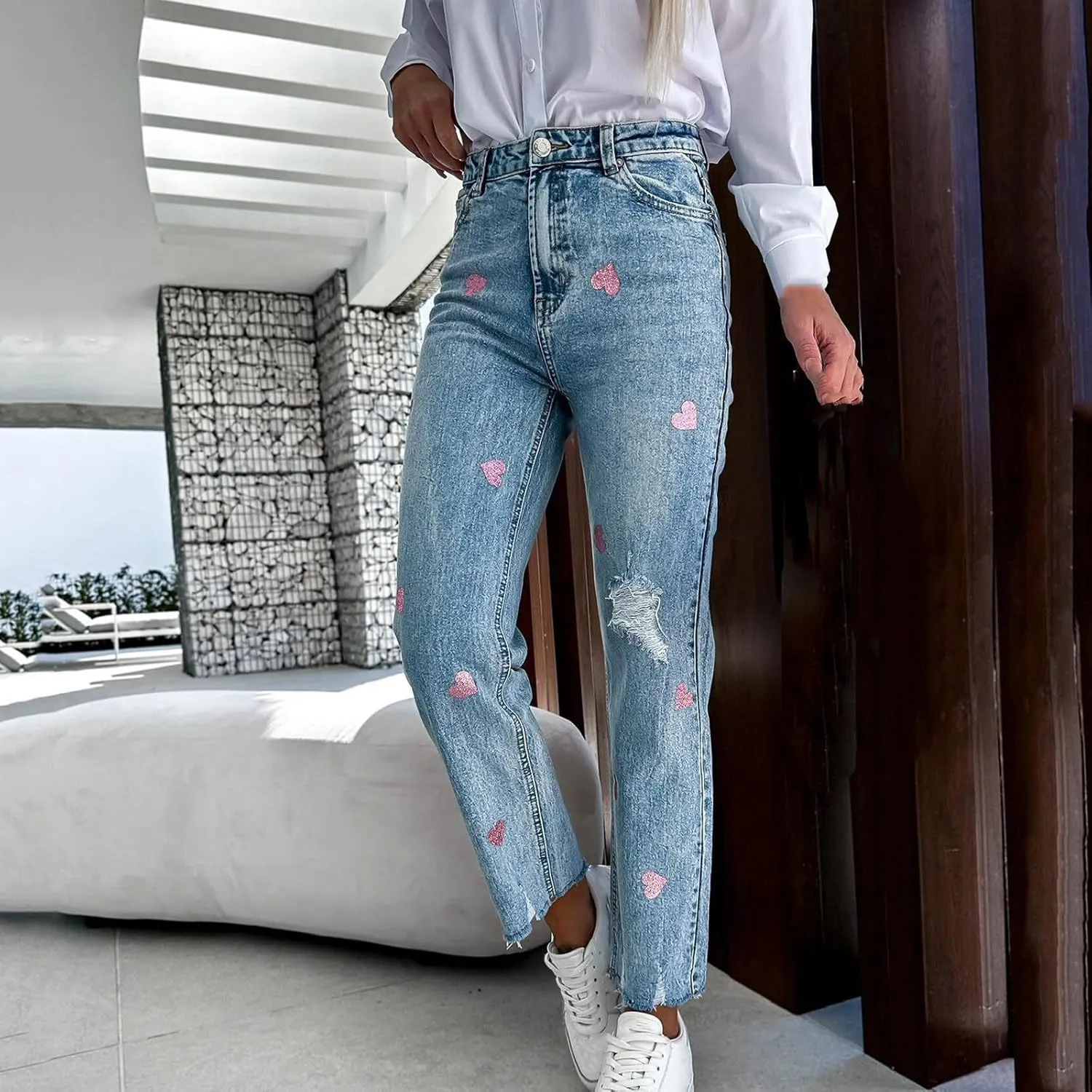 Womens Jeans Stretchy High Waisted Heart Printed Jeans Pant Casual Frayed Hem Baggy Pants Straight Leg Jeans
