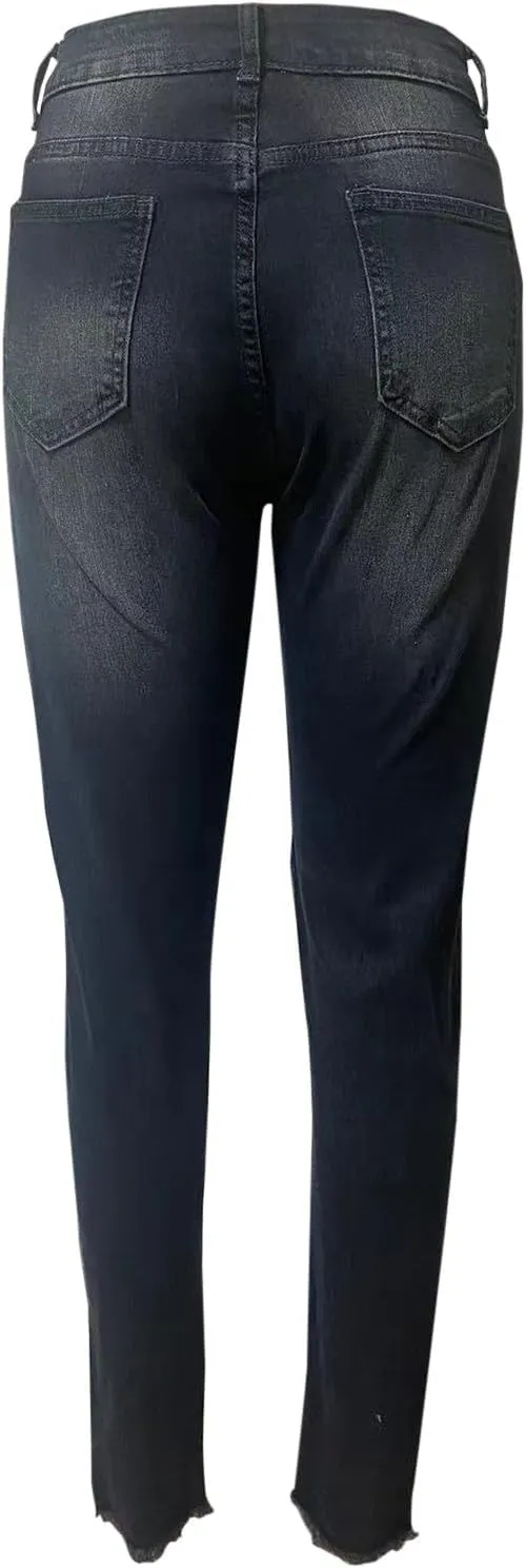 Womens Jeans Stretchy High Waisted Heart Printed Jeans Pant Casual Frayed Hem Baggy Pants Straight Leg Jeans
