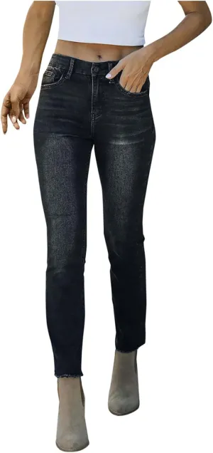 Womens Jeans Stretchy High Waisted Heart Printed Jeans Pant Casual Frayed Hem Baggy Pants Straight Leg Jeans
