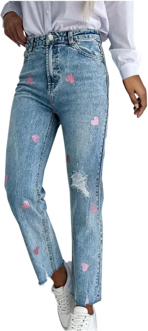 Womens Jeans Stretchy High Waisted Heart Printed Jeans Pant Casual Frayed Hem Baggy Pants Straight Leg Jeans