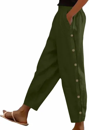 Womens Joggers Pants High Rise Elastic Waist Pants Side Button Straight Leg Trousers Casual Sweatpants with Pockets