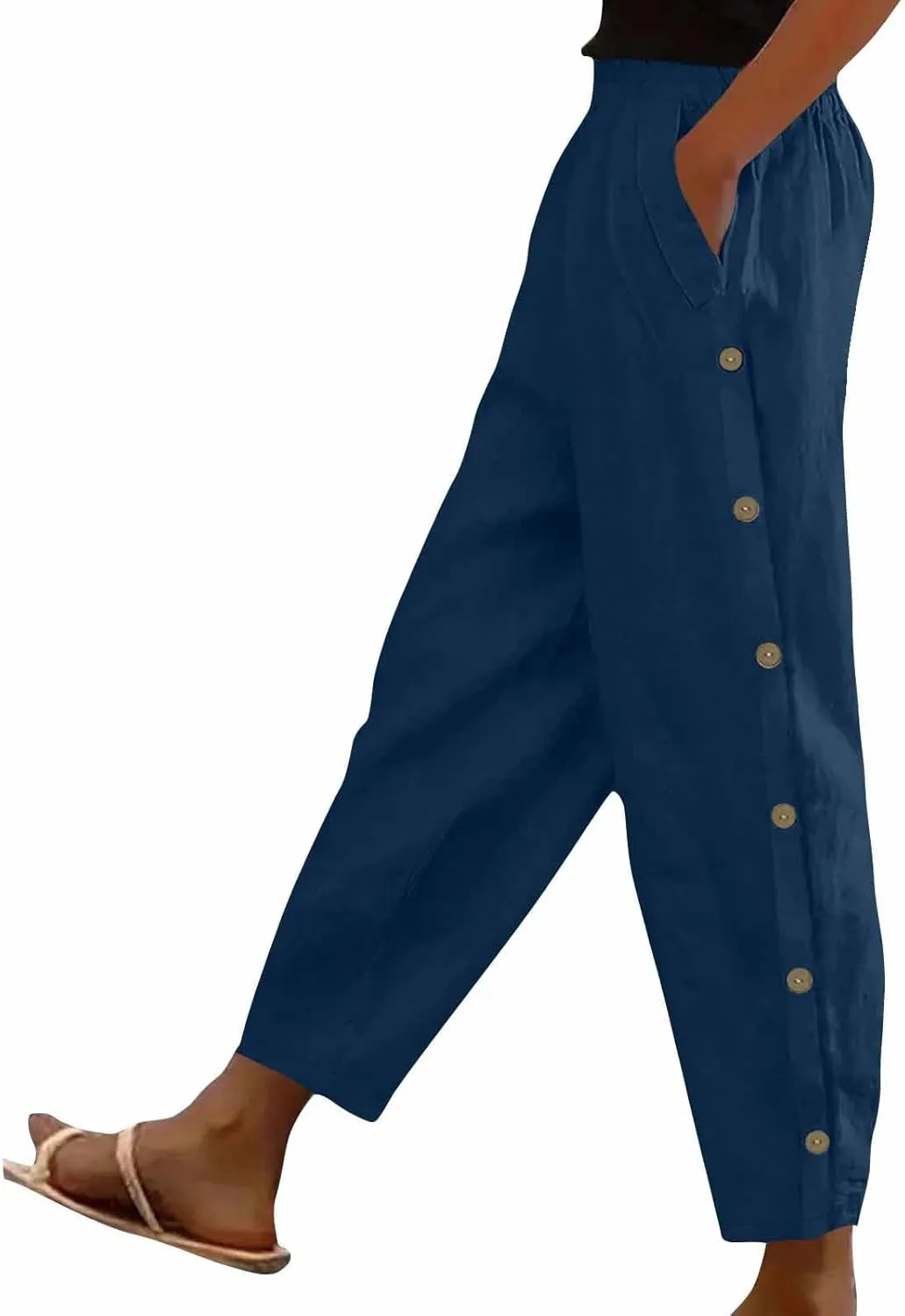 Womens Joggers Pants High Rise Elastic Waist Pants Side Button Straight Leg Trousers Casual Sweatpants with Pockets