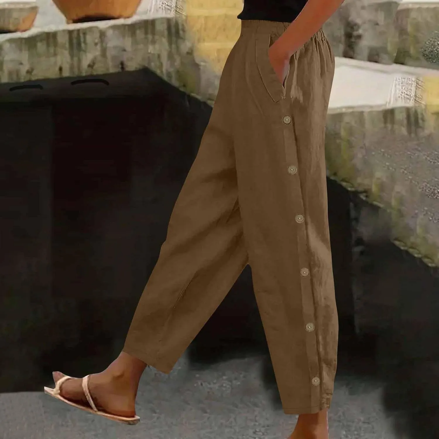 Womens Joggers Pants High Rise Elastic Waist Pants Side Button Straight Leg Trousers Casual Sweatpants with Pockets