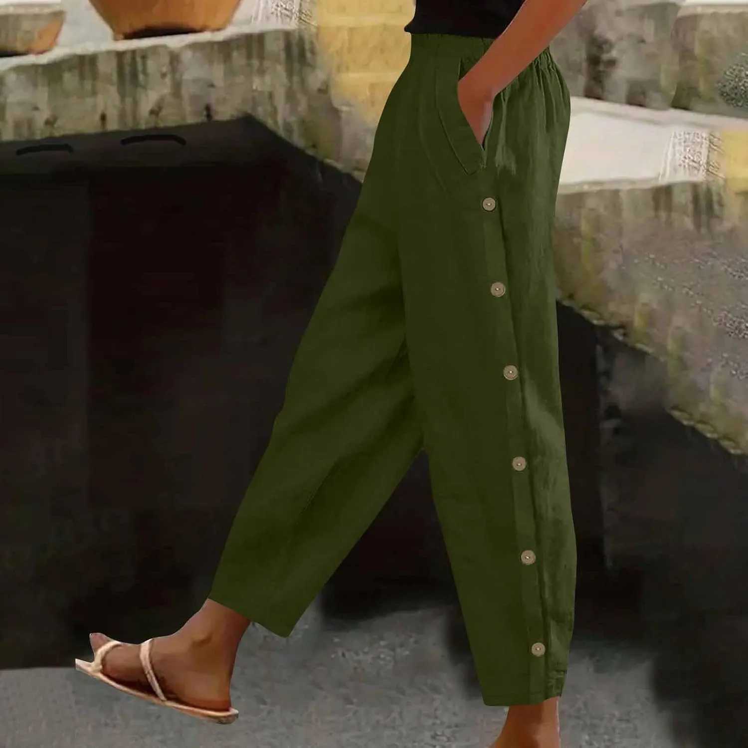 Womens Joggers Pants High Rise Elastic Waist Pants Side Button Straight Leg Trousers Casual Sweatpants with Pockets