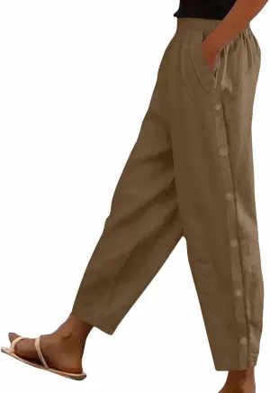 Womens Joggers Pants High Rise Elastic Waist Pants Side Button Straight Leg Trousers Casual Sweatpants with Pockets