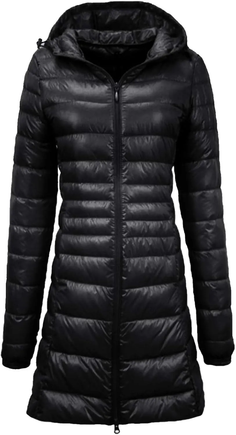 Women's Lightweight Down Jackets Hooded Drawstring Packable Puffer Jacket Windproof Warm Long Puffer 2024 Winter Coat
